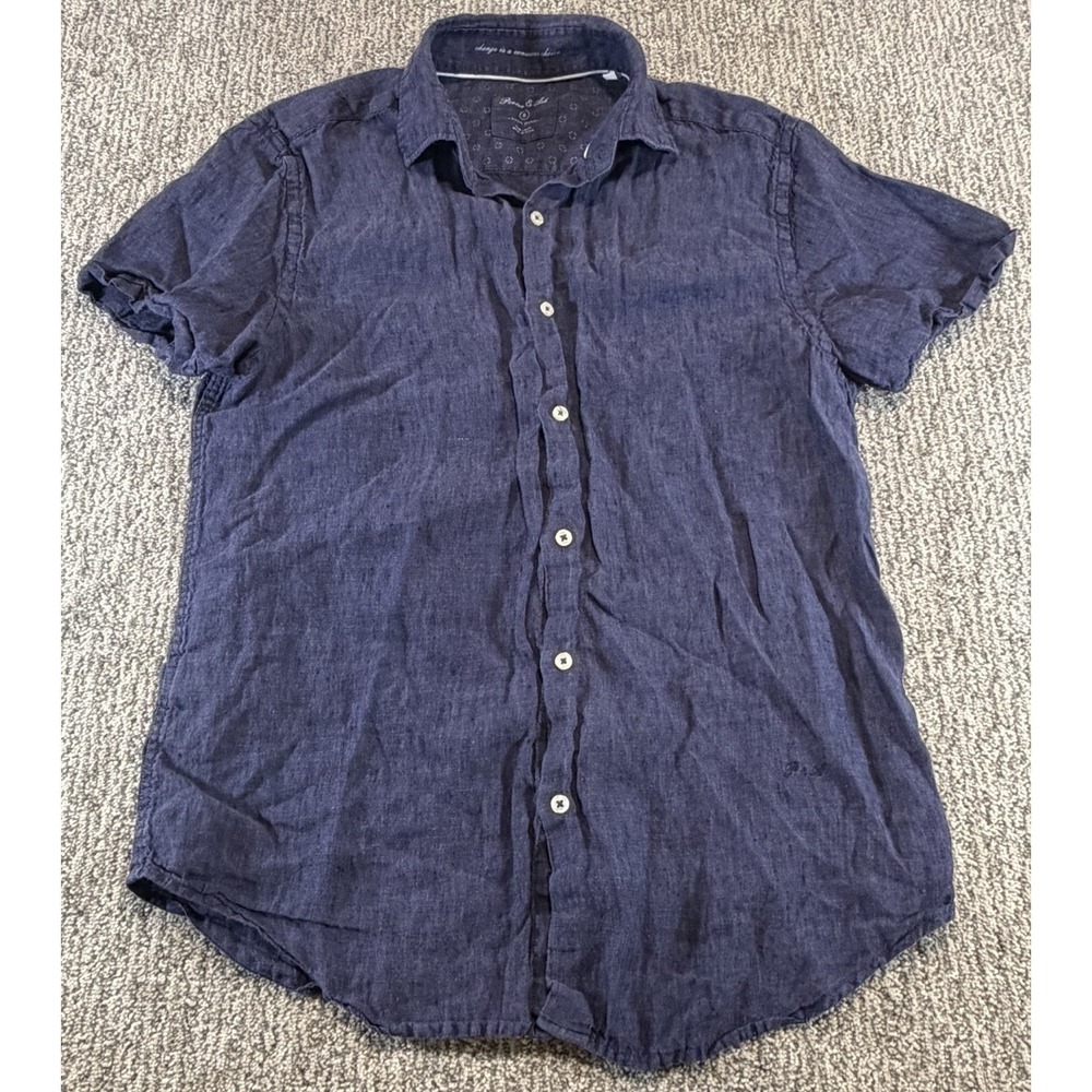 Porter & Ash Mens Linen Short Sleeve Button Front Shirt Size Small‎ Navy Blue